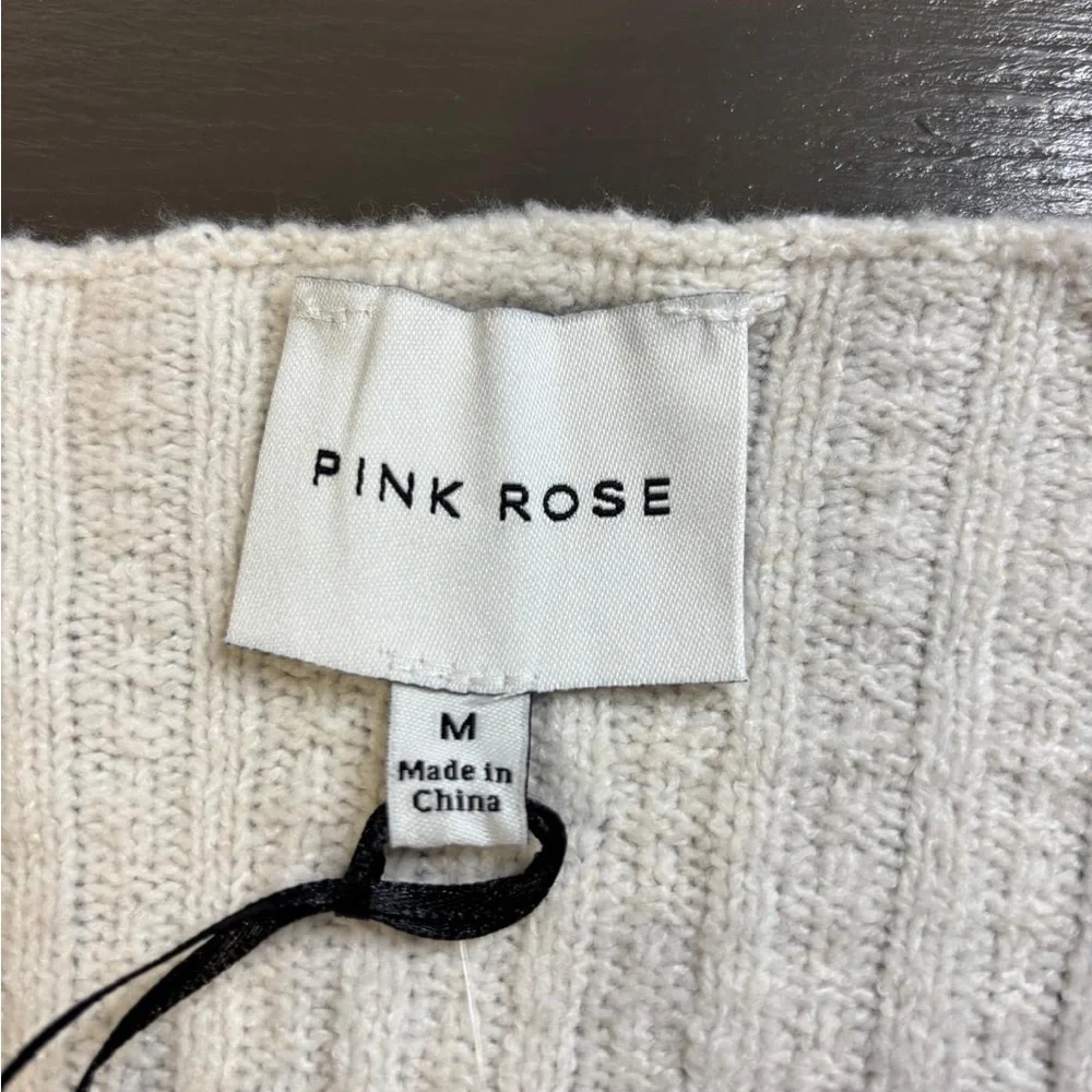Pink Rose Textured Knit V-Neck Sweater Medium NWT Soft Beige Neutral